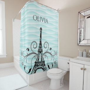 Teal Eiffel Tower Flourish Shower Curtain
