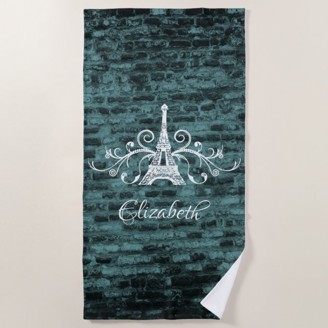 Teal Eiffel Tower Grunge Beach Towel (Front)