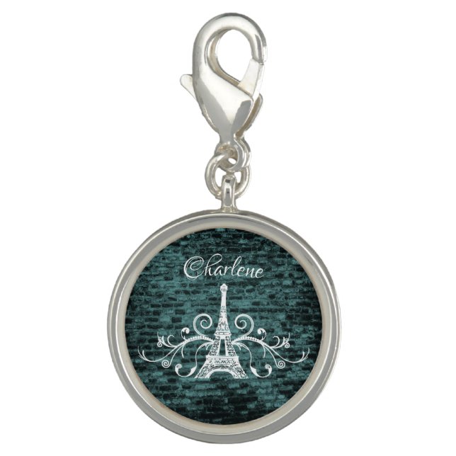 Teal Eiffel Tower Grunge Bracelet Charm (Front)