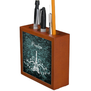 Teal Eiffel Tower Grunge Desk Organizer