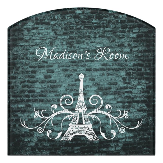 Teal Eiffel Tower Grunge Door Sign (Contour Front)