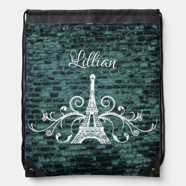 Teal Eiffel Tower Grunge Drawstring Backpack (Front)