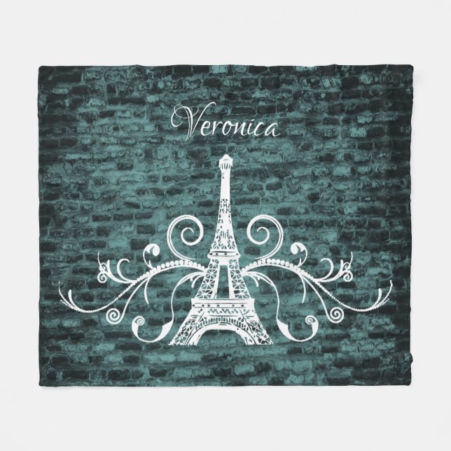 Teal Eiffel Tower Grunge Fleece Blanket (Front (Horizontal))