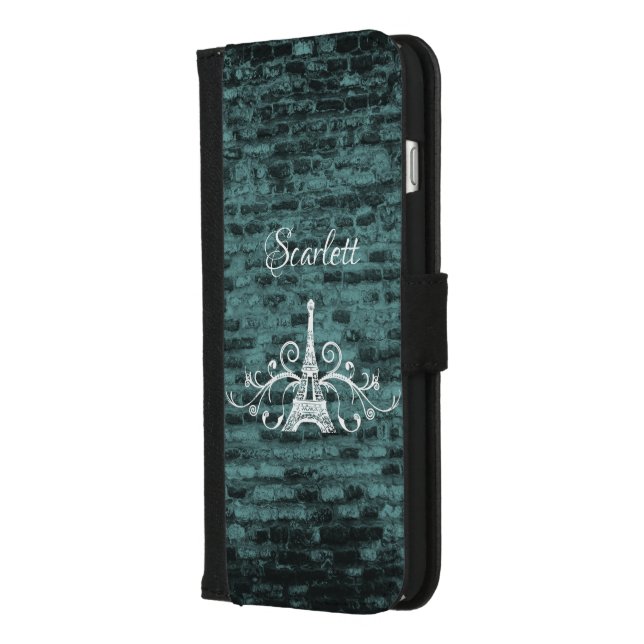 Teal Eiffel Tower Grunge iPhone Wallet Case (Left)