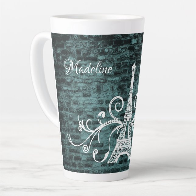 Teal Eiffel Tower Grunge Latte Mug (Left Angle)