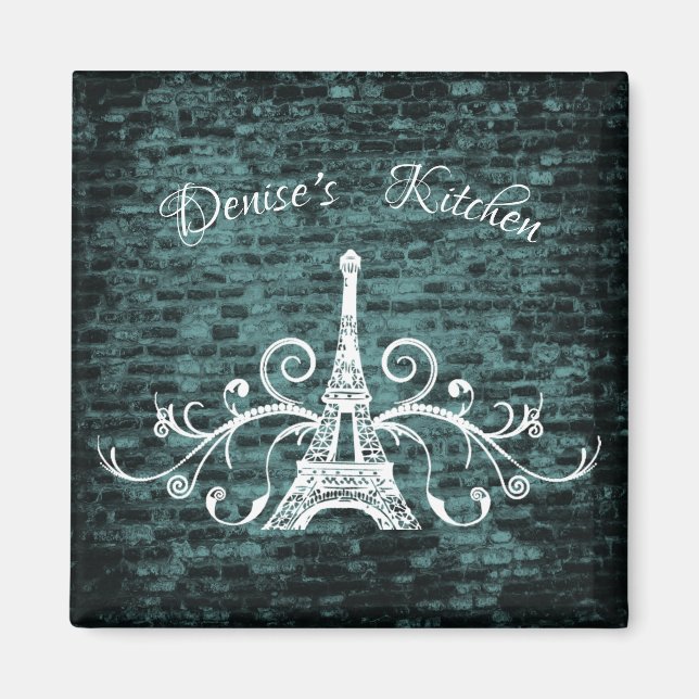 Teal Eiffel Tower Grunge Magnet (Front)