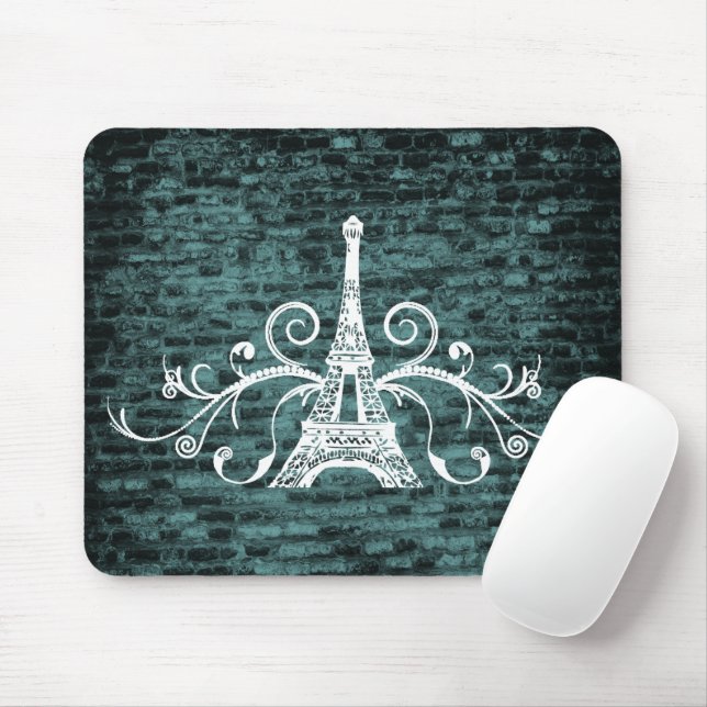 Teal Eiffel Tower Grunge Mouse Pad (With Mouse)