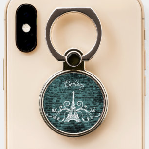 Teal Eiffel Tower Grunge Phone Ring Stand