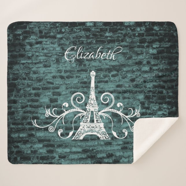 Teal Eiffel Tower Grunge Sherpa Blanket (Front (Horizontal))
