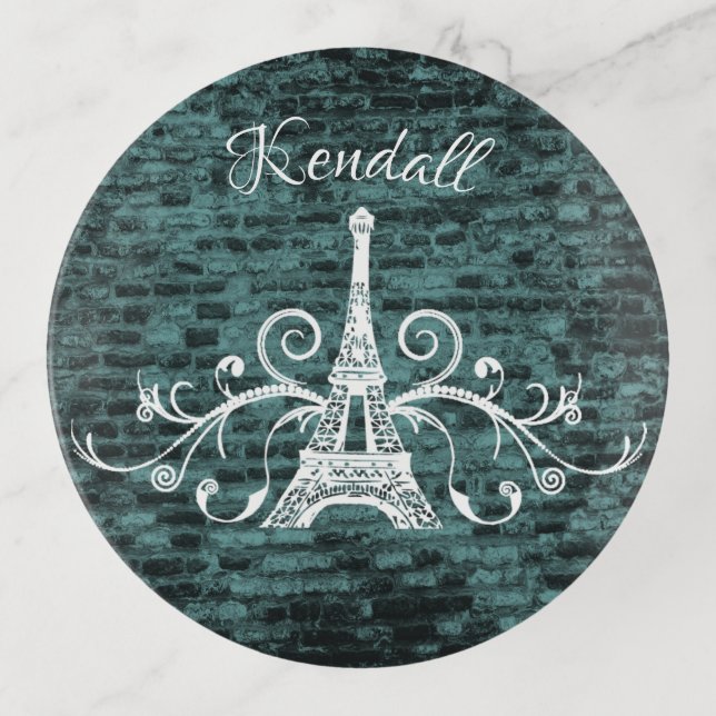 Teal Eiffel Tower Grunge Trinket Tray (Front)