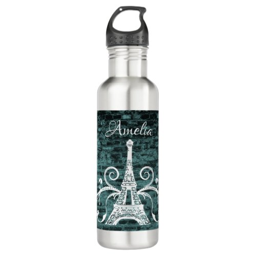 Teal Eiffel Tower Grunge Water Bottle