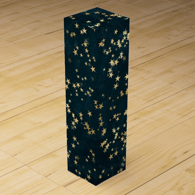 Teal Elegant Celestial Starry Gold Stars Design Wine Box (Front)