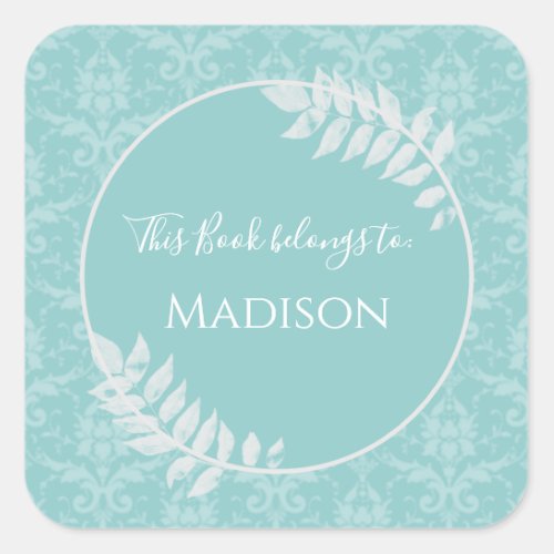 Teal Elegant Damask Book Sticker