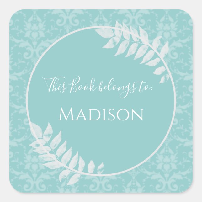 Teal Elegant Damask Book Sticker (Front)