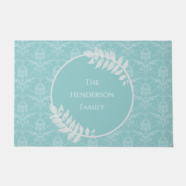 Teal Elegant Damask Personalized Doormat (Front)