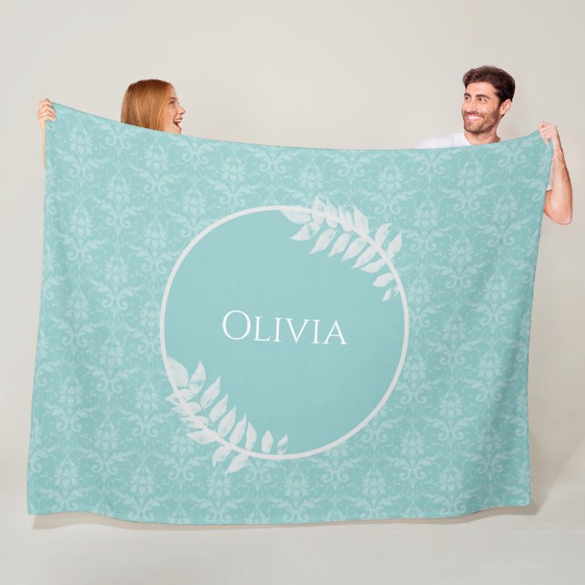 Teal Elegant Damask Personalized Fleece Blanket (In Situ)