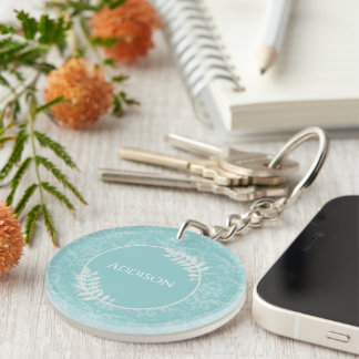 Teal Elegant Damask Personalized Keychain
