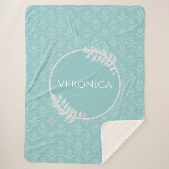 Teal Elegant Damask Personalized Sherpa Blanket (Front)