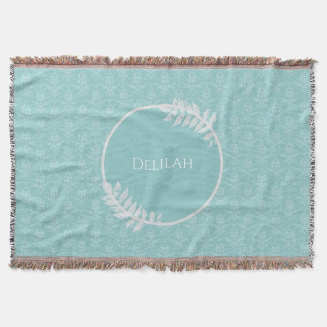 Teal Elegant Damask Personalized Throw Blanket (Front)