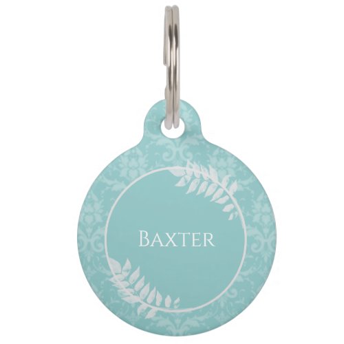 Teal Elegant Damask Round Pet Tag