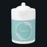 Teal Elegant Damask Teapot<br><div class="desc">Enjoy your tea with a Teal Elegant Damask Personalized Teapot.  Teapot design features an elegant damask background and space to add your name adorned with delicate foliage.  Additional gift items available with this design as well as a variety of colors.</div>