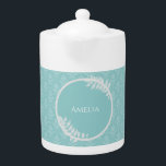 Teal Elegant Damask Teapot<br><div class="desc">Enjoy your tea with a Teal Elegant Damask Personalized Teapot.  Teapot design features an elegant damask background and space to add your name adorned with delicate foliage.  Additional gift items available with this design as well as a variety of colors.</div>