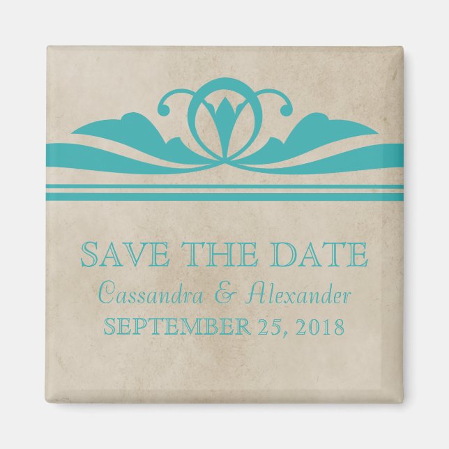 Teal Elegant Deco Save the Date Magnet (Front)