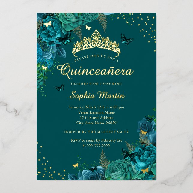 Teal Elegant Floral Butterfly Quinceanera  Foil Invitation (Front)