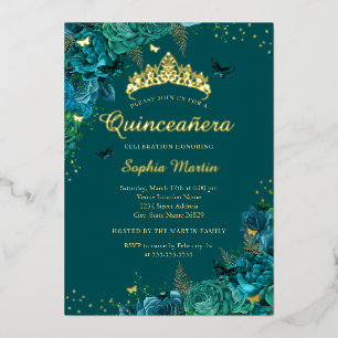 Teal Elegant Floral Butterfly Quinceanera Foil Invitation