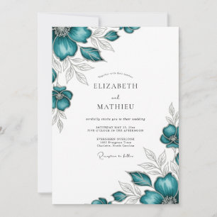Teal Elegant Floral Flourish Wedding Invitation