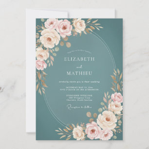 Teal Elegant Floral Flourishing Wedding Invitation