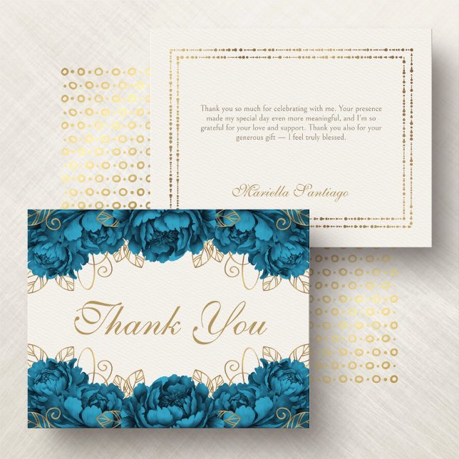 Teal Elegant Floral Quinceanera Thank You Card (Creator Uploaded)