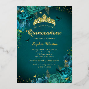 Teal Elegant Floral Vibrant Butterfly Quinceanera  Foil Invitation