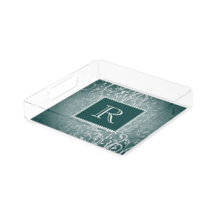 Teal Elegant Flourish Monogram Vanity Tray