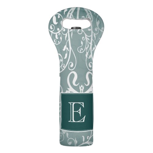 Teal Elegant Flourish Monogram Wine Tote