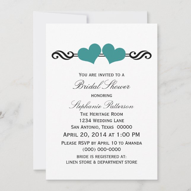 Teal Elegant Hearts Bridal Shower Invite (Front)