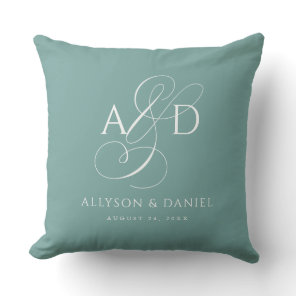 Teal Elegant Initial Script Monogram Wedding Throw Pillow