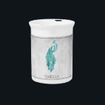 Teal Elegant Peacock Beverage Pitcher<br><div class="desc">Serve your hot or cold beverages with this unique Teal Elegant Peacock Personalized Porcelain Pitcher. Pitcher design features a vibrant peacock adorned with delicate foliage against a light gray grunge background. Additional gift items available with this design as well as a variety of colors.</div>