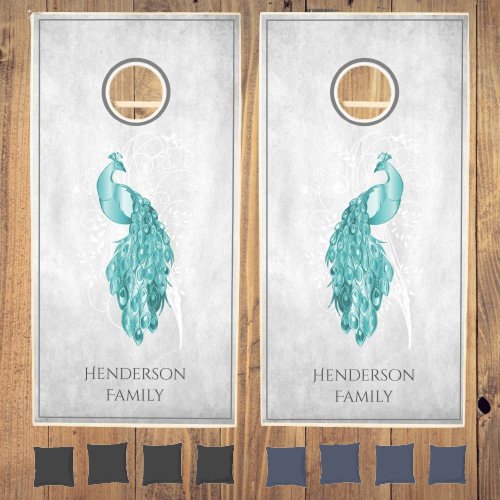 Teal Elegant Peacock Cornhole Set