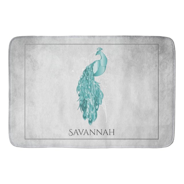Teal Elegant Peacock Personalized Bath Mat (Front)