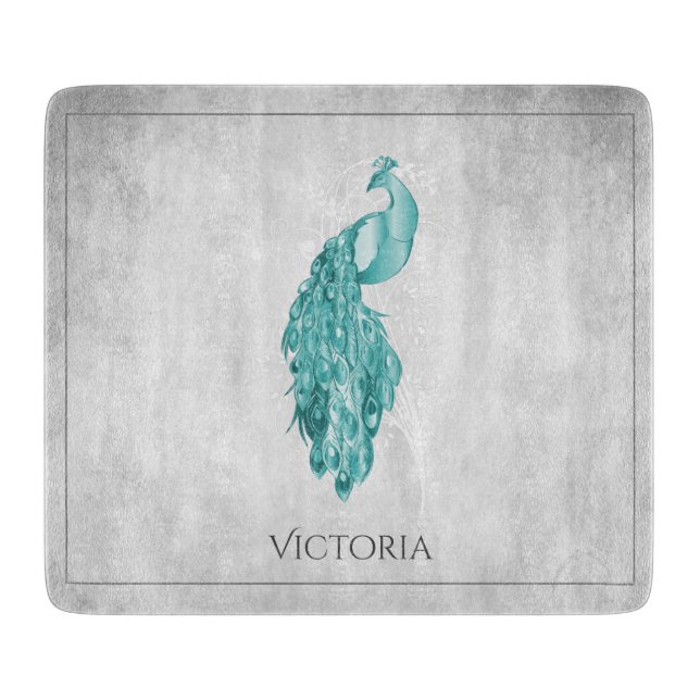 Teal Elegant Peacock Personalized Cutting Board (Front)