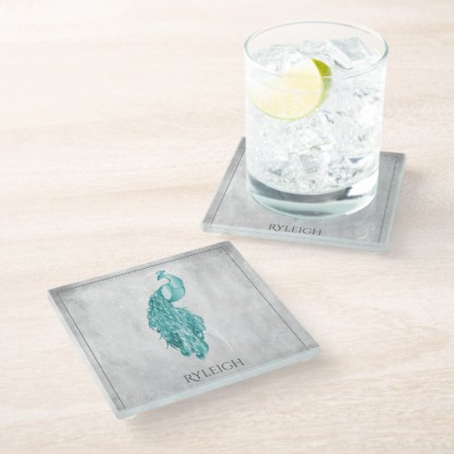 Teal Elegant Peacock Personalized Glass Coaster