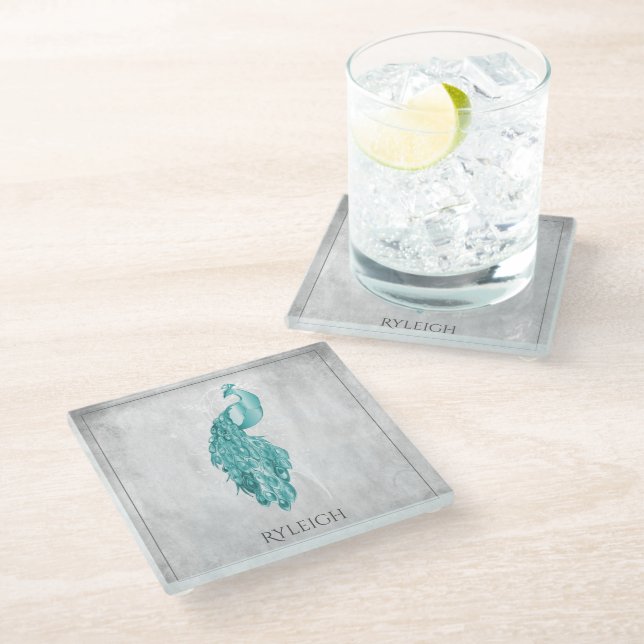 Teal Elegant Peacock Personalized Glass Coaster (Angled)