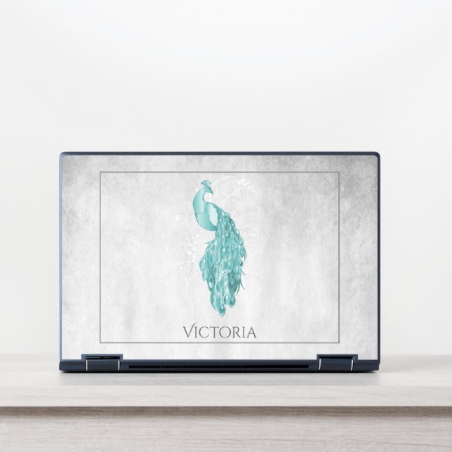 Teal Elegant Peacock Personalized HP Laptop Skin (Front)