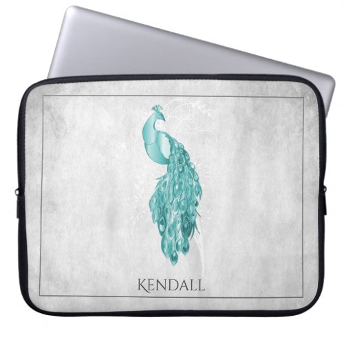 Teal Elegant Peacock Personalized Laptop Sleeve