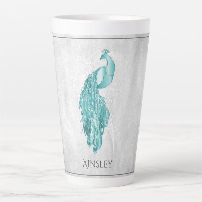 Teal Elegant Peacock Personalized Latte Mug (Front)