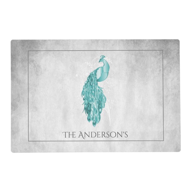 Teal Elegant Peacock Personalized Placemat (Front)