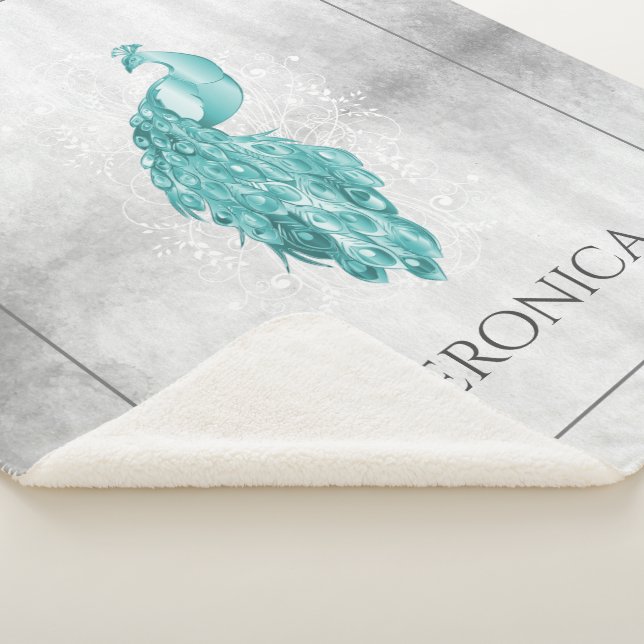 Teal Elegant Peacock Personalized Sherpa Blanket (3/4)