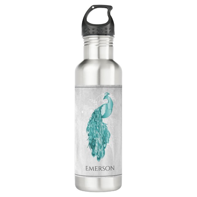 Teal Elegant Peacock Personalized Stainless Steel Water Bottle (Front)