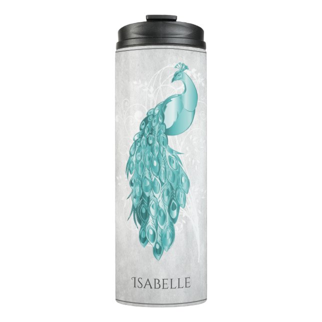 Teal Elegant Peacock Personalized Thermal Tumbler (Front)